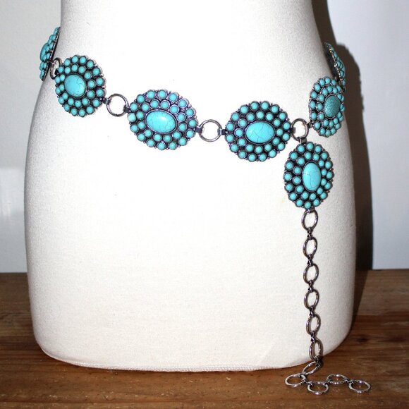 Western Turquoise Flower Concho Floral Oval Burst Medallion Belt S/M by Tipi 41\